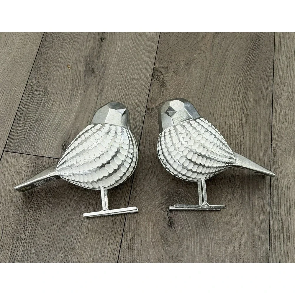 Three Hands Corp Silver White Bird Figurines Set of 2 Metal Decor 6.5” #51057